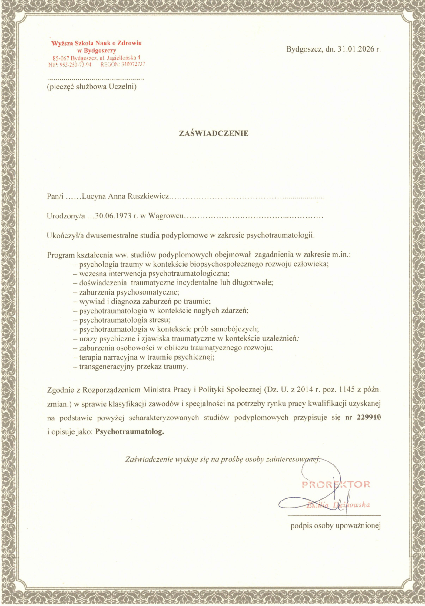 Psychotraumatologia — certyfikat